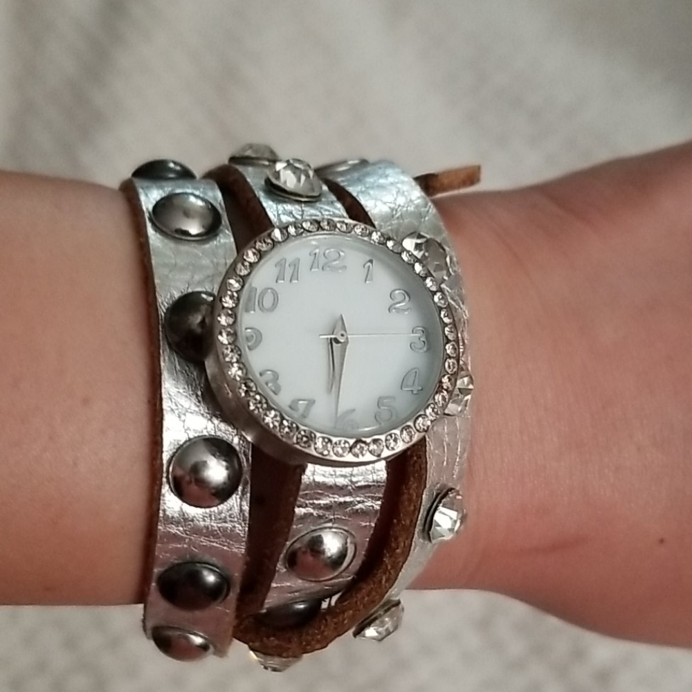 Crystal Diamond Quartz & Stud Wrap Bracelet Watch